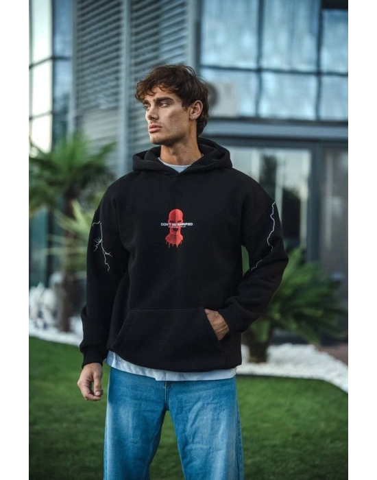 Üç İplik Kapüşonlu Baskılı Oversize SweatShirt- Siyah