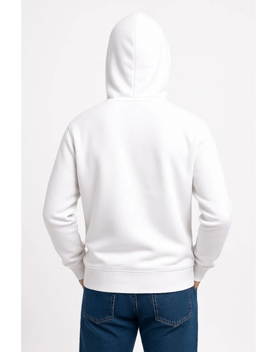 Üç İplik Kapüşonlu Kanguru Cepli SweatShirt hoodie - Beyaz -
