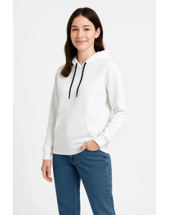 Üç İplik Kapüşonlu Kanguru Çepli SweatShirt hoodie - Beyaz -