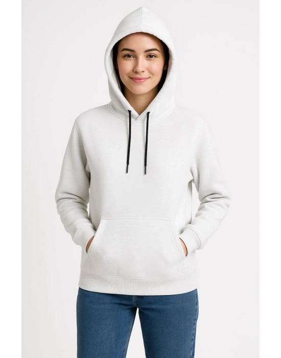 Üç İplik Kapüşonlu Kanguru Çepli SweatShirt hoodie - Beyaz -