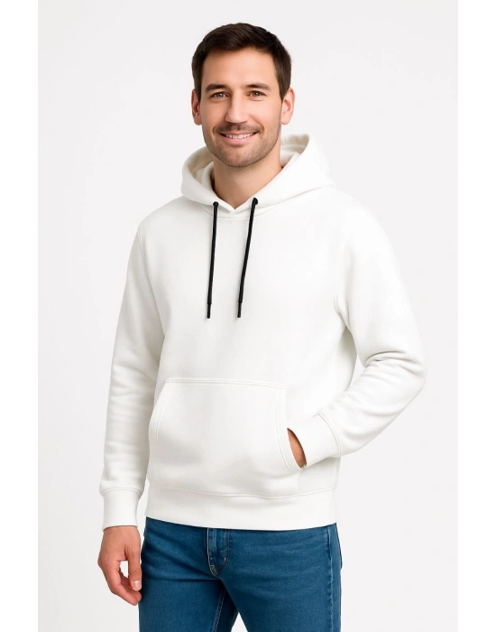 Üç İplik Kapüşonlu Kanguru Cepli SweatShirt hoodie - Beyaz -
