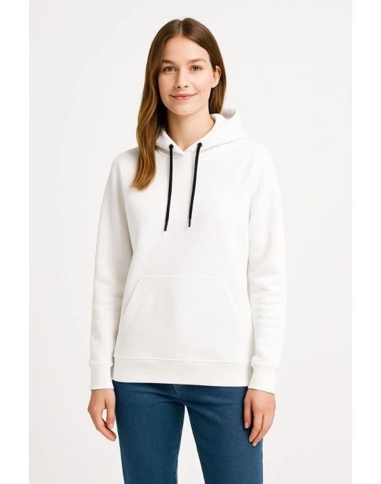 Üç İplik Kapüşonlu Kanguru Çepli SweatShirt hoodie - Beyaz -