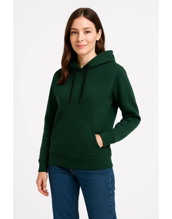 Üç İplik Kapüşonlu Kanguru Cepli Sweatshirt hoodie - Haki -