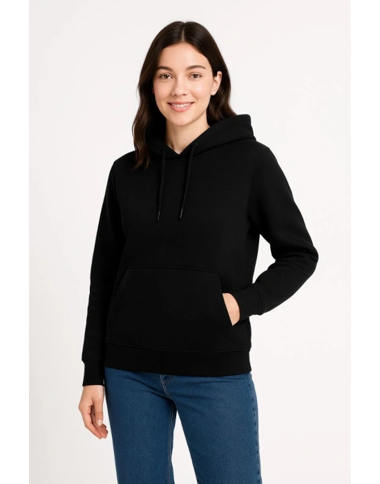 Üç İplik Kapüşonlu Kanguru Cepli Sweatshirt hoodie - Siyah -