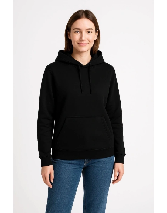Üç İplik Kapüşonlu Kanguru Cepli Sweatshirt hoodie - Siyah -