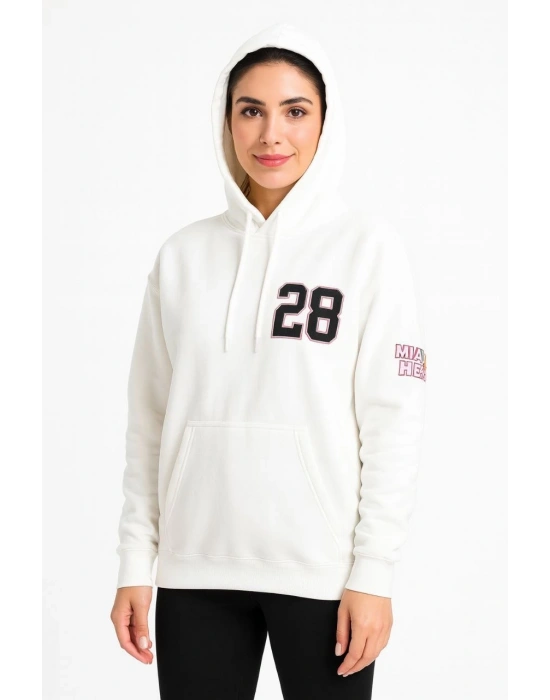 Üç İplik Kapüşonlu Ön ve Arka Baskılı SweatShirt hoodie - Beyaz -