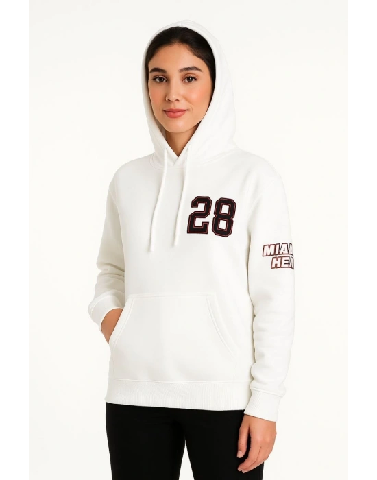 Üç İplik Kapüşonlu Ön ve Arka Baskılı SweatShirt hoodie - Beyaz -