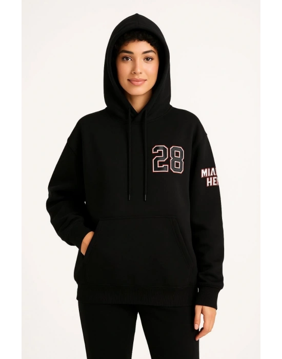 Üç İplik Kapüşonlu Ön ve Arka Baskılı SweatShirt hoodie - Siyah -