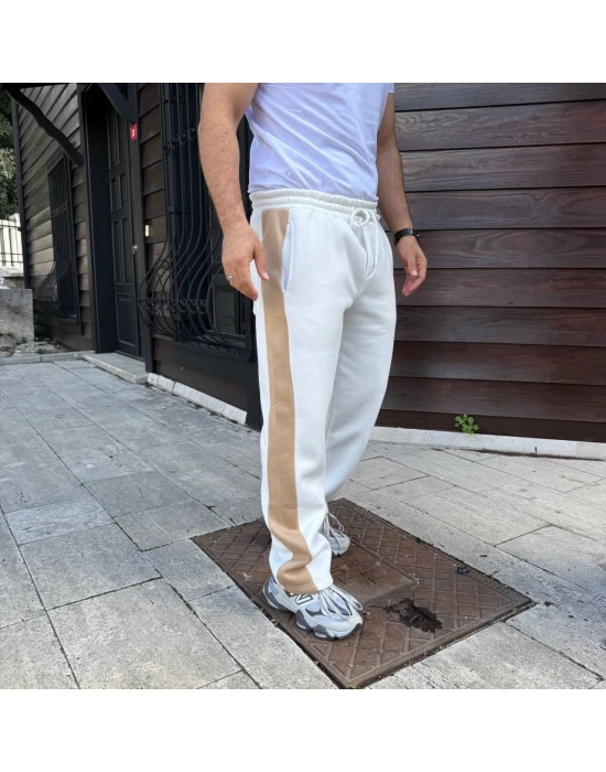 Üç İplik Kışlık Pamuklu Yandan Garneli Kalın Bej Şeritli Cepli Eşofman Altı - Beyaz