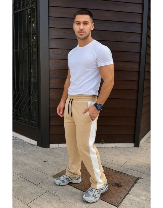 Üç İplik Kışlık Pamuklu Yandan Garneli Kalın Şeritli Cepli Eşofman Altı - Bej