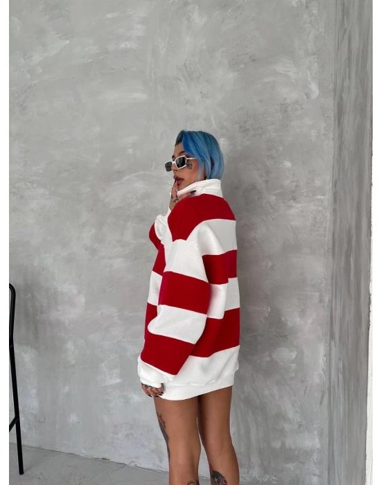 Üç İplik Parçalı Yakalı SweatShirt - Kırmızı -