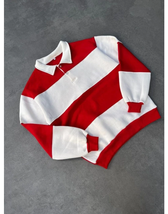 Üç İplik Parçalı Yakalı SweatShirt - Kırmızı