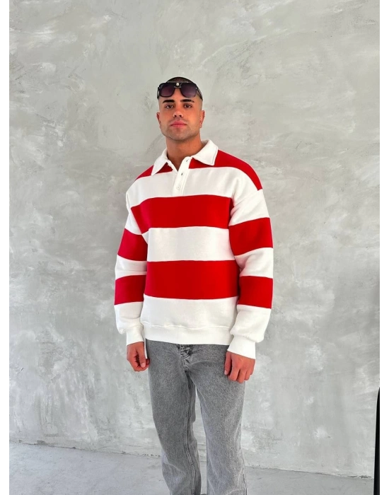 Üç İplik Parçalı Yakalı SweatShirt - Kırmızı