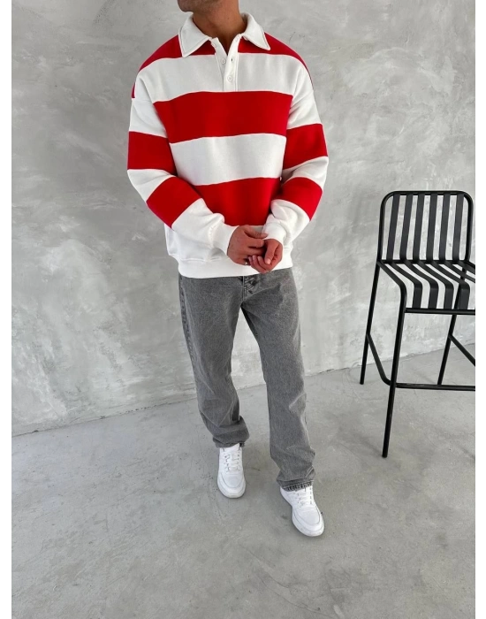 Üç İplik Parçalı Yakalı SweatShirt - Kırmızı