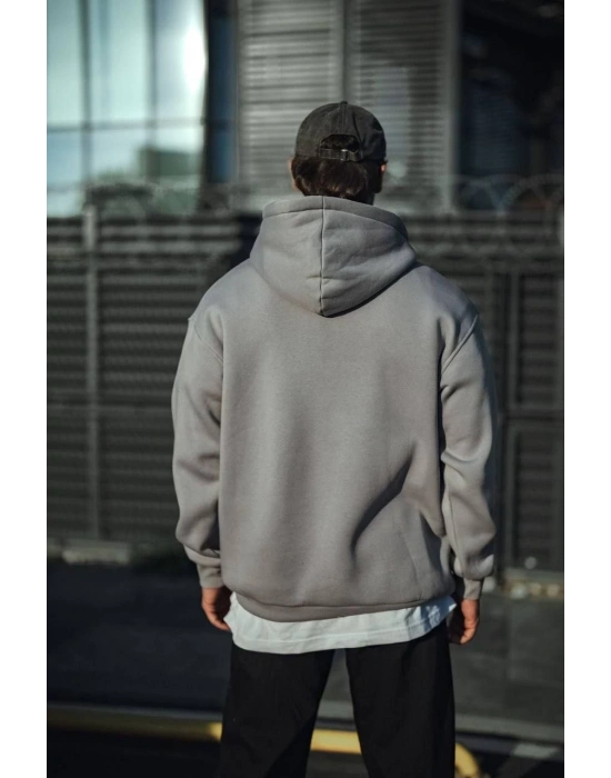 Üç İplik Penye Kapşonlu Basic SweatShirt - Boyalı Gri -