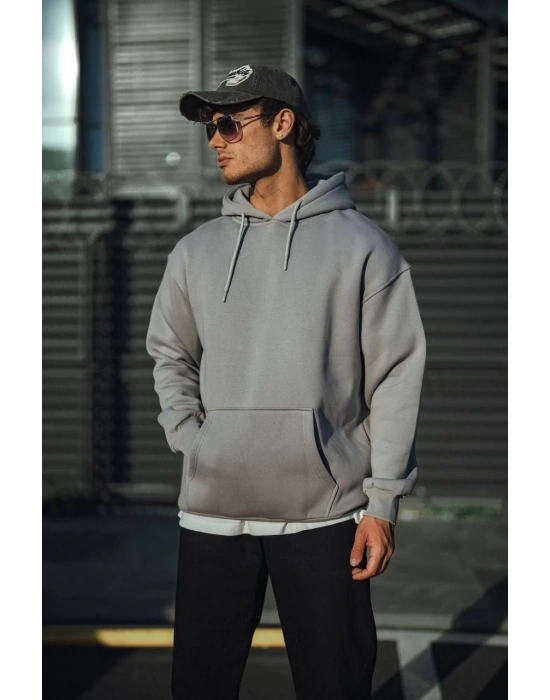 Üç İplik Penye Kapşonlu Basic SweatShirt - Boyalı Gri -