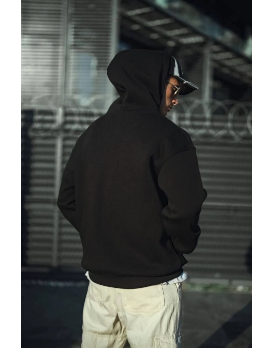 Üç İplik Penye Kapşonlu Basic SweatShirt - Siyah -