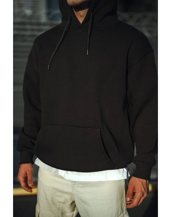 Üç İplik Penye Kapşonlu Basic SweatShirt - Siyah -