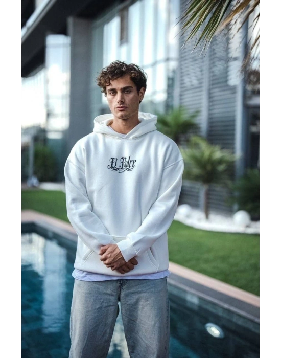 Üç İplik Penye Kapşonlu Baskılı SweatShirt - Beyaz -