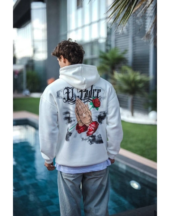 Üç İplik Penye Kapşonlu Baskılı SweatShirt - Beyaz -