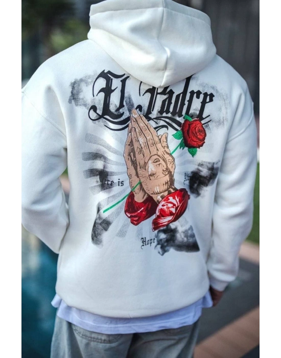 Üç İplik Penye Kapşonlu Baskılı SweatShirt - Beyaz -