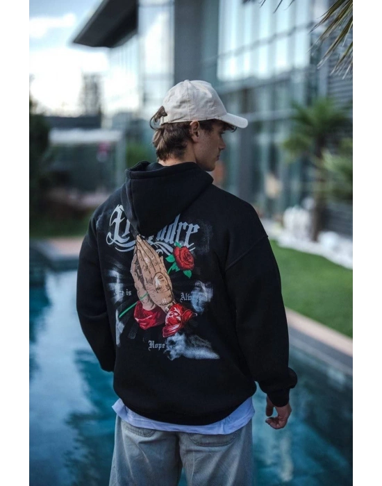 Üç İplik Penye Kapşonlu Baskılı SweatShirt - Siyah -