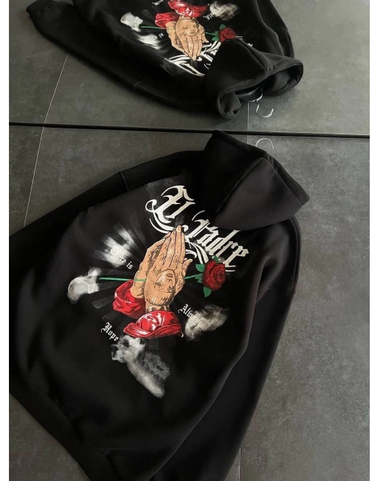 Üç İplik Penye Uzun Kol Kapşonlu Baskılı SweatShirt - Siyah -