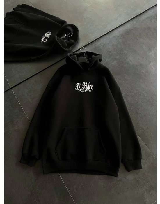 Üç İplik Penye Uzun Kol Kapşonlu Baskılı SweatShirt - Siyah -