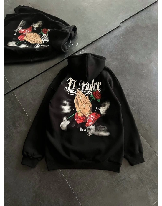 Üç İplik Penye Uzun Kol Kapşonlu Baskılı SweatShirt - Siyah -