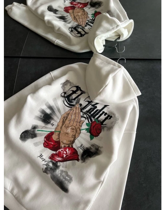 Üç İplik Penye Uzun Kol Kapüşonlu Baskılı SweatShirt - Beyaz -