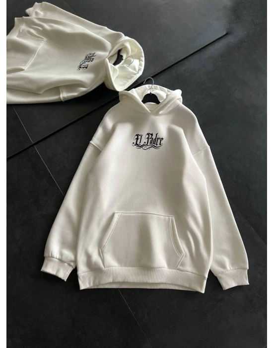 Üç İplik Penye Uzun Kol Kapüşonlu Baskılı SweatShirt - Beyaz -