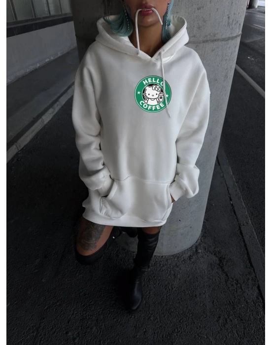 Üç İplik Penye Uzun Kol Kapüşonlu SweatShirt - Beyaz -