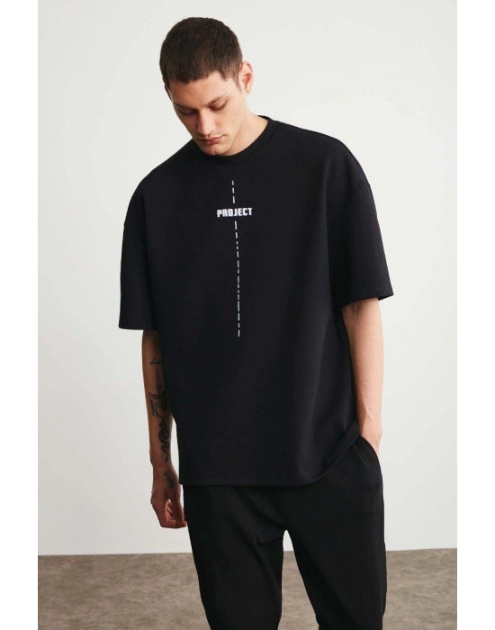 Unisex Baskılı Oversize Kısa kol  T-Shirt - Siyah