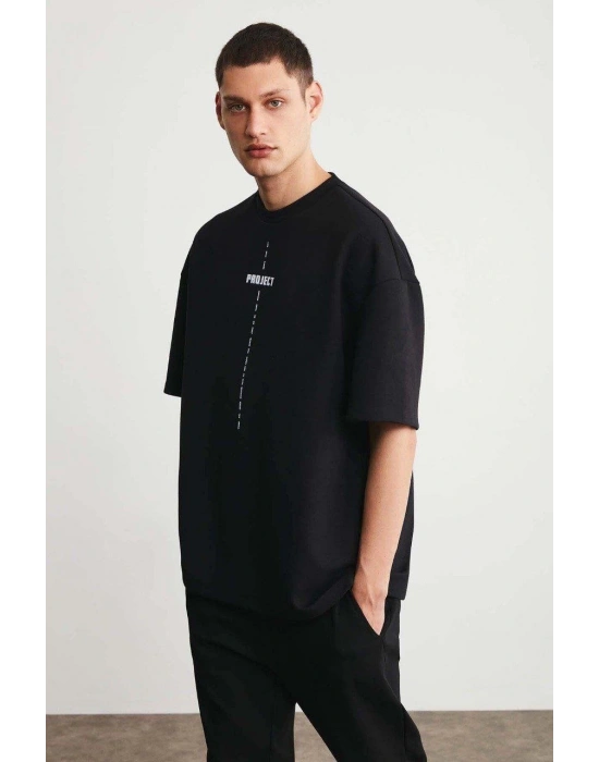 Unisex Baskılı Oversize Kısa kol  T-Shirt - Siyah