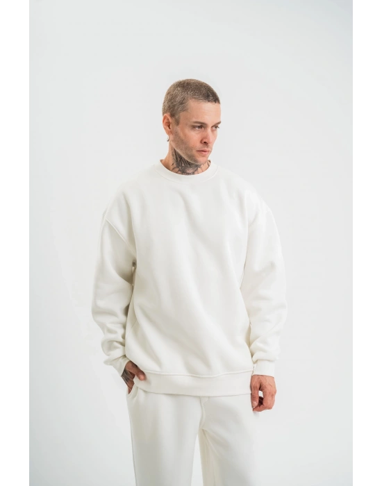 Uzun Kol Bisiklet Yaka Basic SweatShirt - Beyaz -