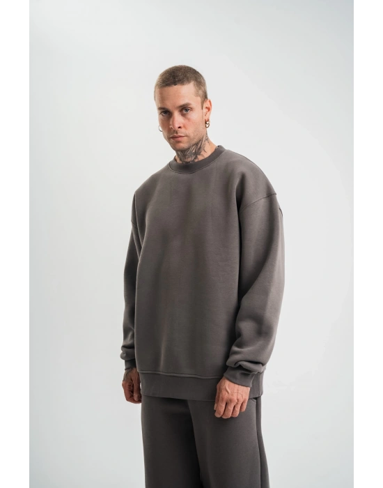 Uzun Kol Bisiklet Yaka Basic SweatShirt - Füme -