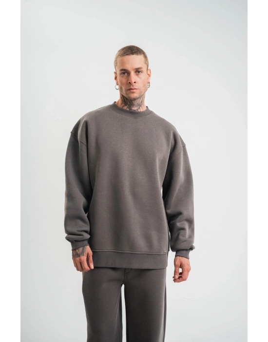 Uzun Kol Bisiklet Yaka Basic SweatShirt - Füme -
