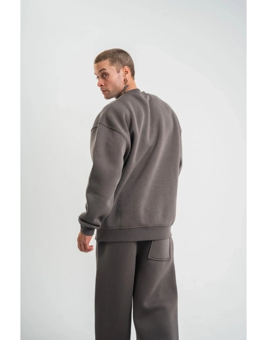 Uzun Kol Bisiklet Yaka Basic SweatShirt - Füme -