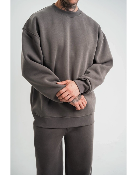 Uzun Kol Bisiklet Yaka Basic SweatShirt - Füme -