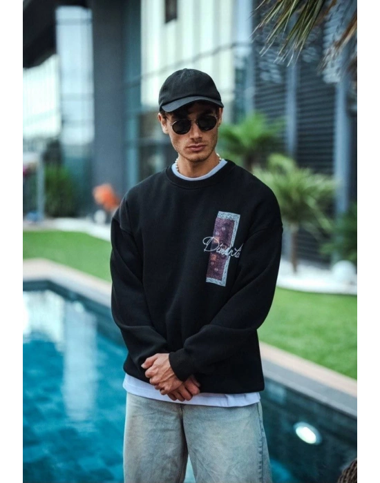 Uzun Kol Bisiklet Yaka Ön ve Arka Baskılı SweatShirt - Siyah -