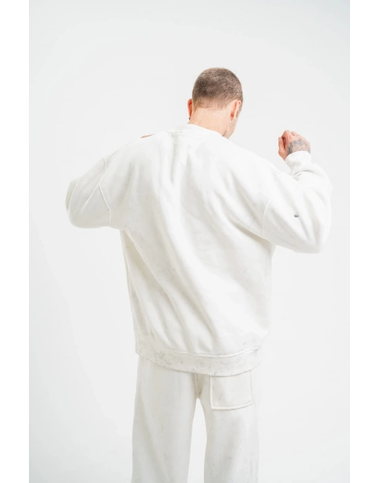 Uzun Kol Bisiklet Yaka Yıkamalı SweatShirt - Beyaz -