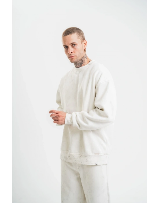 Uzun Kol Bisiklet Yaka Yıkamalı SweatShirt - Beyaz -