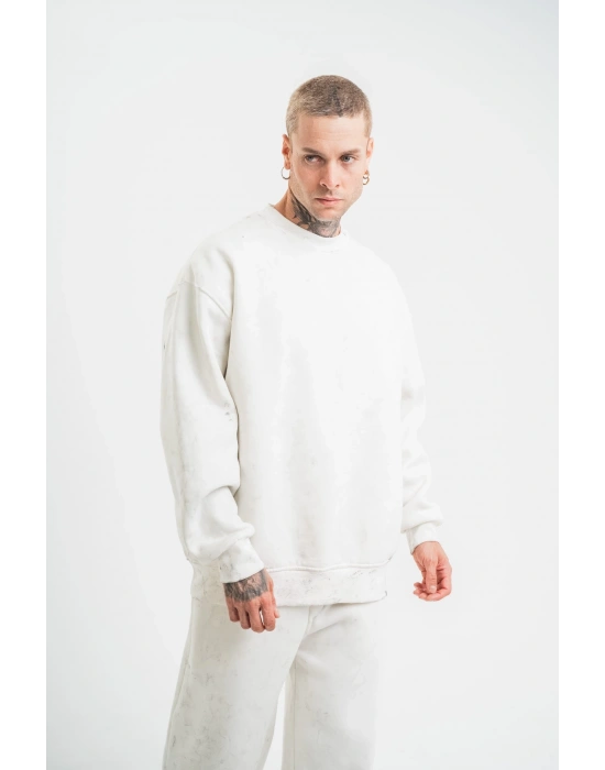 Uzun Kol Bisiklet Yaka Yıkamalı SweatShirt - Beyaz -