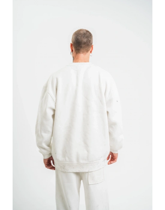 Uzun Kol Bisiklet Yaka Yıkamalı SweatShirt - Beyaz -