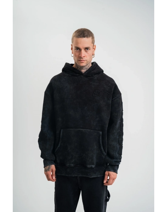 Uzun Kol Kapşonlu Yıkamalı Nakışlı SweatShirt - Siyah