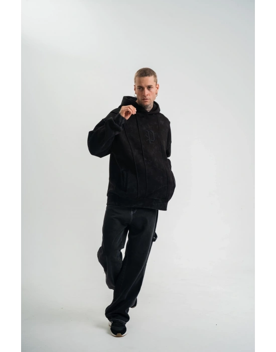 Uzun Kol Kapşonlu Yıkamalı Nakışlı SweatShirt - Siyah