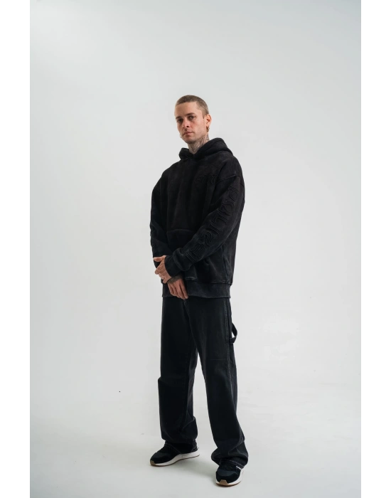 Uzun Kol Kapşonlu Yıkamalı Nakışlı SweatShirt - Siyah