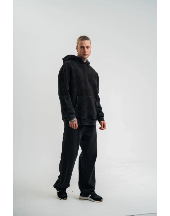 Uzun Kol Kapşonlu Yıkamalı Nakışlı SweatShirt - Siyah