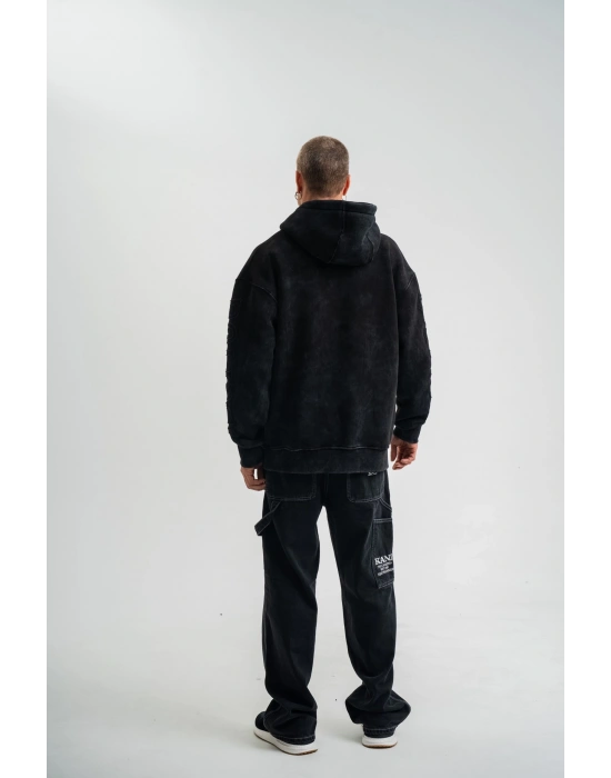 Uzun Kol Kapşonlu Yıkamalı Nakışlı SweatShirt - Siyah