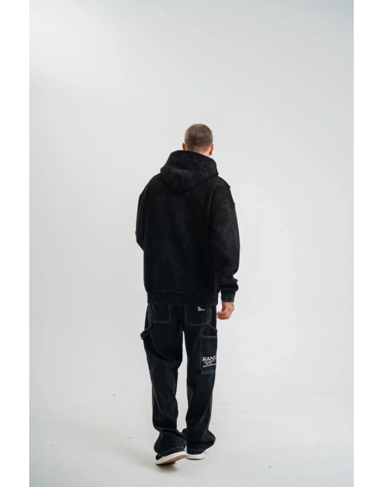 Uzun Kol Kapşonlu Yıkamalı Nakışlı SweatShirt - Siyah